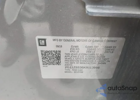 2019 Chevrolet Impala Lt из США, поврежденный, VIN 2G11Z5S36K9113998